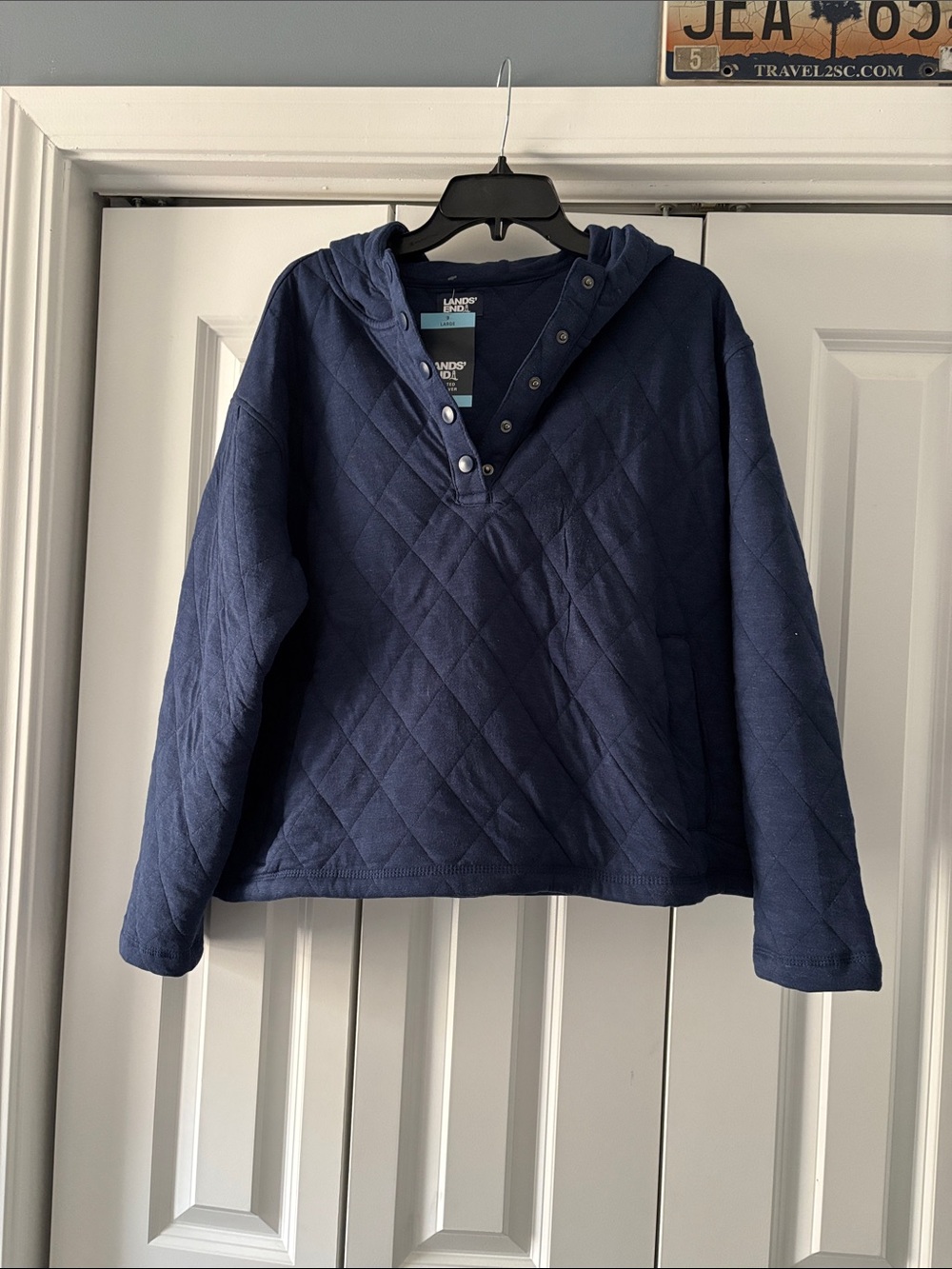Lands' End women’s Navy Quilted Crewneck Hoodie NWT